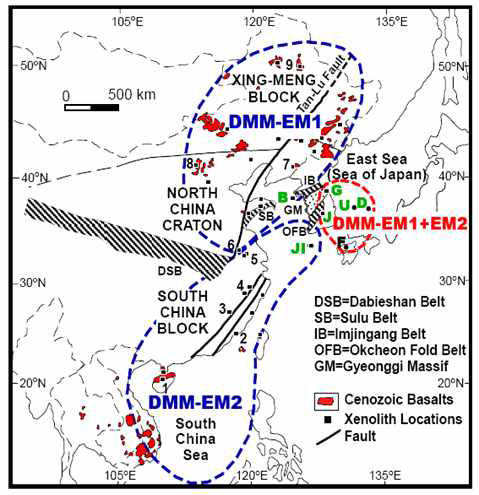 Outline of mantle source components for the late Cenozoic basaltic rocks from East Asia (DMM = depleted MORB mantle, EM1 and EM2 = enriched mantle type 1 and 2, respectively). B = Baengnyeong Island, J = Jogokni, JI = Jeju Island, G = Ganseong, U = Ulleung Island, D = Dok Island, F = Fukuoka, 1 = Hainan Island, 2 = Niutoushan, 3 = Mingxi, 4 = Longyou and Xilong, 5 = Fangshan and Tashan, 6 = Nushan, 7 = Kuandian, 8 = Hannuoba, 9 = Erkeshan, Keluo, Nuominhe, Wudalianchi and Ziaogulihe.