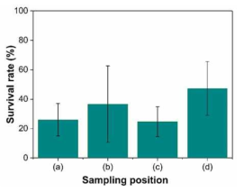 샘플링 위치에 따른 공기 중 박테리아 Survival rate (a) 챔버 오른쪽 면(기존 위치), (b) 챔버 왼쪽 면, (c) 챔버 정면, (d) 챔버 후면