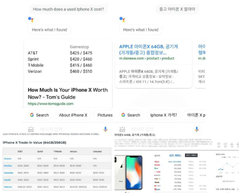 동일한 질문에 대한 Google Assistant 답변과 콘텐트 추출 결과