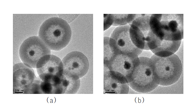 FE-TEM images of Fe3O4@SiO2 (a) after the 1st use and (b) after the 6th use