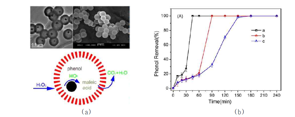 (a) Fe0@SiO2 나노반응기의 전자현미경 사진 및 반응 모식도와 (b) a. Fe0@SiO2 나노반응기, b. Fe0@SiO2 및 c. Fe0에 의한 phenol 제거 특성 (Wang et al., 2013)