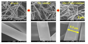 헤모글로빈원료를 이용하여 전기방사법 및 열처리를 통해 합성한 마이크로 탄화철 섬유소재의 표면형상