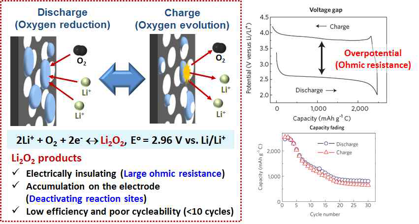 리튬공기전지의 충방전시 형성되는 방전산화물에 의한 높은 과전압 및 낮은 수명특성