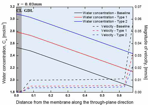 캐소드 CL 과 GDL 속도 및 수분농도 곡선