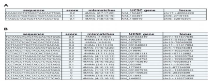 인간 H11 서열을 target하는 sgRNA-4에 대한 putative off-target 부위 검색 결과 (A)와 마우스 H11 서열을 target하는 sgRNA-1에 대한 putative off-target 부위 검색 결과 (B)
