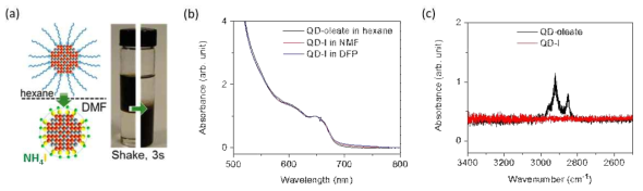 (a) 양자점의 표면화학제어 개념도. (b) 양자점 표면치환 전(용매: hexane)/후(용매: n-methyl formamide(NMF) 또는 2,6-difluoropyridine(DFP)의 흡수 스펙트럼. (c) FT-IR을 통해 확인한 표면처리 전/후의 탄화수소 존재 여부 확인