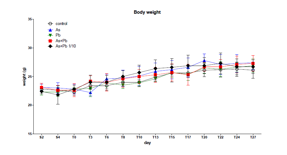 Body weight change during the experimental period. Each value is the mean ± SD(n=5). C(control), As(arsenic), Pb(lead), As+Pb(As+Pb), As+Pb 1/10(As+Pb 1/10)