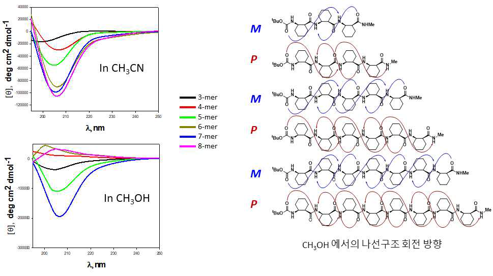 올리고머 길이에 따른 나선구조 회전 방향의 용매 의존성