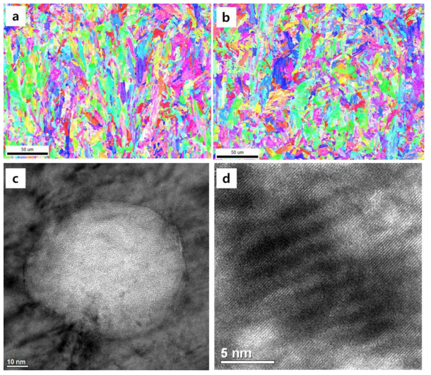 (a) 3D 프린팅 스테인리스 강 AM-V의 적층 방향과 평행한 면의 후방산란전자회절 Inverse pole figure map, (b) H900 시효 열처리 된 AM-V의 적층 방향과 평행한 면의 Inverse pole figure map, (c) 3D 프린팅 스테인리스강 내 존재하는 약 50 ㎚ 크기의 Silicon carbide, (d) 시효 후 발견되는 Herring-bone fringe 패턴 구리 석출물