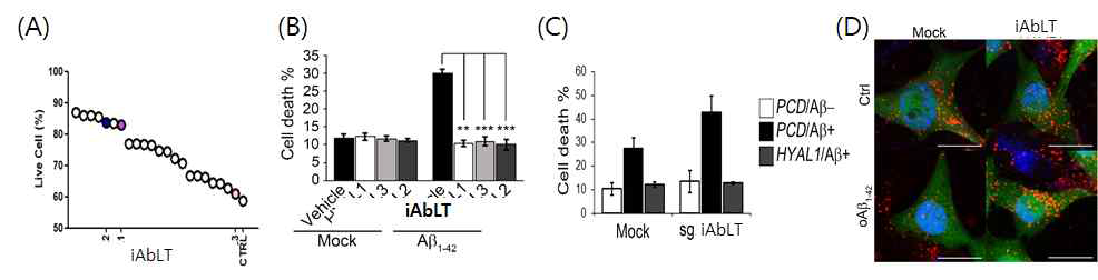 Abeta neurotoxicity 억제하는 iAbLT 발굴(A,B)과 효소 기능 중요(C,D)