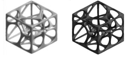 해면골 구조를 모사한 다공성 구조 모델 a) 3D 다공성 모델 b) 3D 다공성 유한요소모델