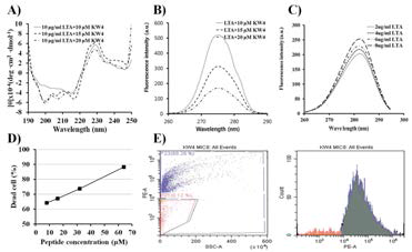 KW4 antimicrobial peptide LTA binding affinity and time-kill kinetic activity. (A) KW4 peptide secondary structures in the S. aureus membrane-like environments. (B) S. aureus-LTA using fluorescence spectrometer (Em. 280 nm, Ex 500 nm). (C) KW4 peptide is aggregate activated by the binding of S. aureus-LTA, which takes place in 20 μM ASN (Em. 280 nm, Ex 500 nm). (D, E) Dead cell activity of KW4 peptide was appeared to S. aureus ATCC 29213 using FACS