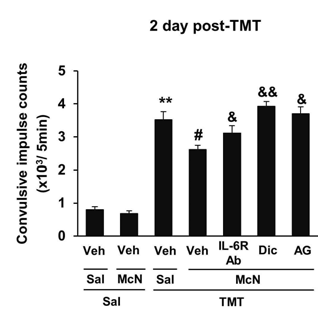 TMT 유도 경련에 대한 McN-A-343 (McN)의 효과. Dic = dicyclomine (M1 수용체 길항제). AG = AG490 (JAK2/STAT3 억제제). 각 수치는 15 마리의 평균 ± 표준오차임. **P < 0.01 vs. Veh + Sal + Sal; #P < 0.05 vs. Veh + Sal + TMT; &P < 0.05, &&P < 0.01 vs. Veh + McN + TMT (ANOVA 검정. 사후검정으로 Fisher’s LSD평가를 실행하였음)