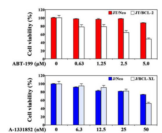 Selective cytotoxicity of ABT-199 or A-1331852-treated JT/BCL-2 or J/BCL-XL cells