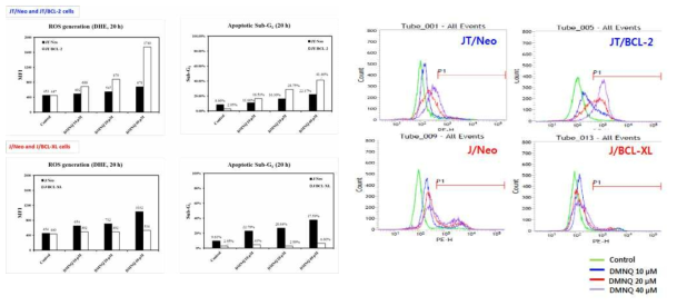 Effect of DMNQ on cytosolic ROS generation and mitochondrial ROS generation in JT/BCL-2 and J/BCL-XL cells