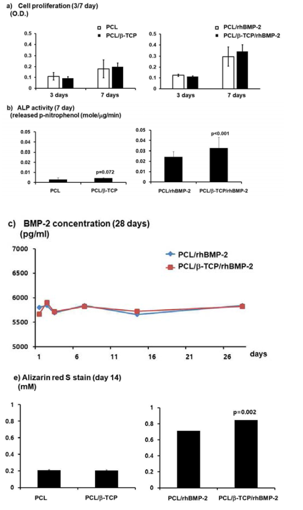 PCL/beta-TCP를 이용한 rhBMP-2를 전달시 in vitro cell 특성 및 BMP-2 relase pattern