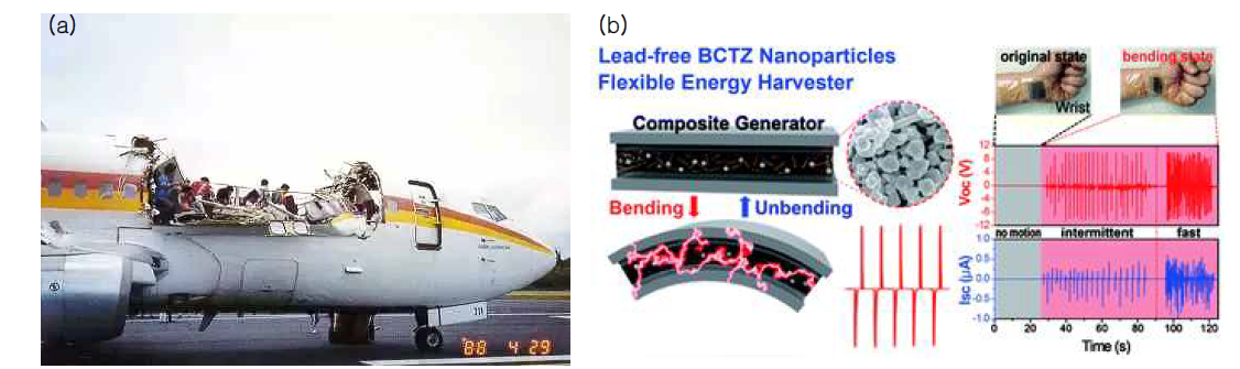 (a) 복합재 파손 사례, (b) 나노스케일 에너지 하베스팅 센서 논문