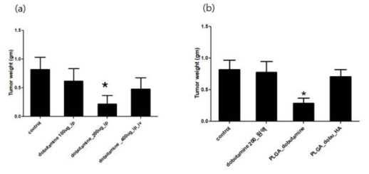 Dobutamine 최적의 용량선정을 위한 동물실험 및 이를 이용해 제작한 dobutamine-PLGA 나노입자의 mouse model 에서의 효과 (HeyA8 cell)