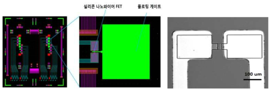 포토마스크 레이아웃(좌), 제작된 실리콘 나노와이어 FET 이미지(중), ID-VBG 특성 (우)