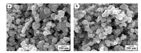 SEM morphologies of ball-milled (a) WO3 and (b) WO3-NiO powders