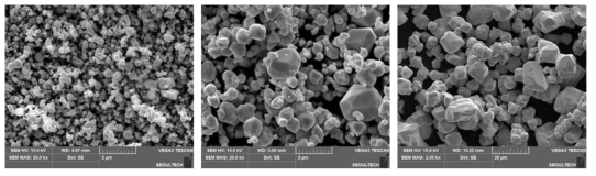 SEM micrographs of raw W powders with particle size of (a) 0.46 ㎛, (b) 1.22 ㎛ and (c) 12 ㎛