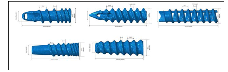 다양한 디자인 형태의 봉합 나사못들의 형태학적 구성요소 측정 분석의 예