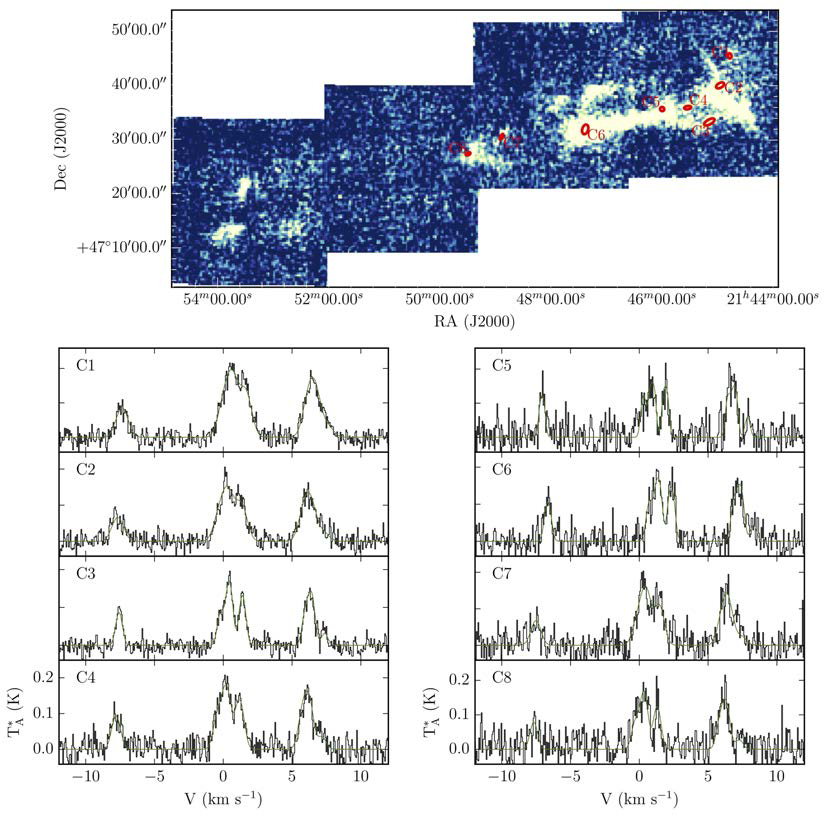N2H+ 자료를 사용하여 찾은 IC 5146의 분자운핵 위치와 스펙트럼. (위) C18O 분자선 밝기 지도 위에 그려진 N2H+ 분자운핵의 위치와 크기(빨간색 타원으로 표시). (아래) 각 분자운핵의 N2H+ 스펙트럼
