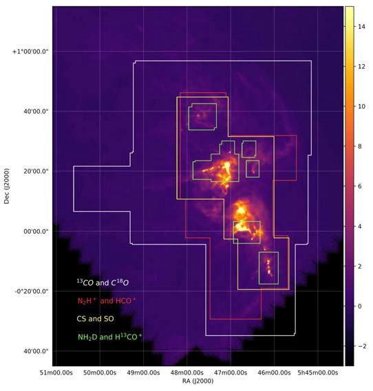 Orion B 영역에 대해 TRAO로 관측한 관측영역을 허셜 250μm 연속선 이미지 위에 표시하였다. 흰색 박스: 13CO과 C18O, 빨간색 박스: N2H+와 HCO+, 노란색 박스 : CS와 SO, 녹색 박스: NH2D와 H13CO+