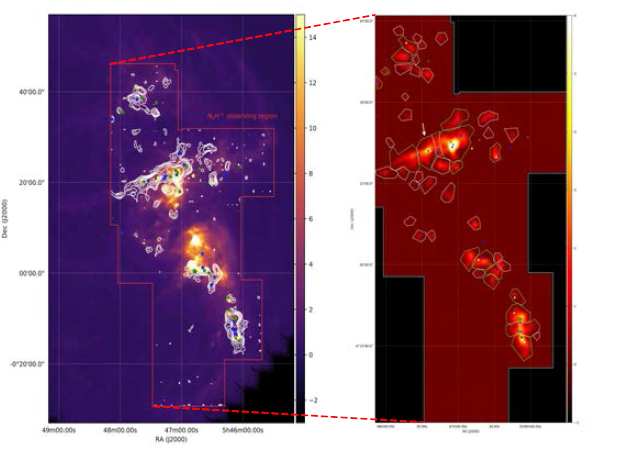 왼쪽 : 허셜 250 μm 이미지에 흰 선으로 표시된 N2H+ 방출선의 등고선. 빨간색 박스는 N2H+ 분자선의 관측 영역이며 별 심볼 (파랑색: Class 0 원시성, 녹색: Class I 원시성, 노랑색: Flat-spectrum 원시성) 은 Furlan et al. (2005)에서 찾은 YSO의 위치를 보여준다. 오른쪽 : Orion B 영역에 대해 찾은 48개의 N2H+ 고밀도 분자운핵의 모양과 분포. 흰색 실선 : YSO가 없는 고밀도 분자운핵. 녹색 실선 : YSO와 위치 상 관련이 있는 고밀도 분자운핵