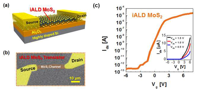 MoS2 소자의 (a) 모식도, (b) SEM image, (c) 제작된 단위 transistor의 transfer curve