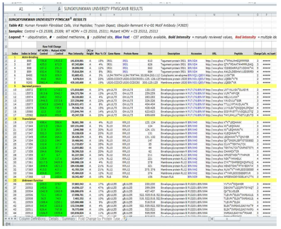 UbiScan 분석으로 얻어진 HCMV peptide의 분석 data sheet