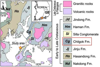 연구지역의 지질도(modified from Chough and Sohn, 2010). GB: 경상분지, 노란별: 연구지역