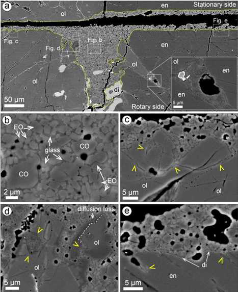 감람암 실험(HVR4439)을 마치고, 회수한 시료의 BSE 이미지 관찰결과. (a) 실험 단층을 채우고 있는 용융물과 용융점이 낮은 광물로 주입된 것과 같은 구조. (b) 용융물 내부에 존재하는 파쇄 기원의 감람석 입자(CO)와 용융물로부터 새롭게 성장한 것으로 추정되는 자형의 감람석 입자(EO). (c) 실험 단층 경계면에서 모암의 감람석이 용융된 흔적. (d) 모암의 감람석이 용융되어 융식된 구조. (e) 모암의 경계에 존재하는 완화휘석이 용융되고, 그 경계에 새롭게 성장한 투휘석. ol: 감람석, en: 완화휘석, di:투휘석