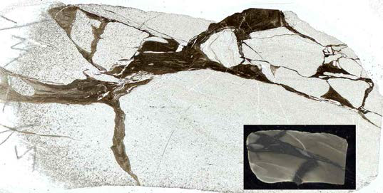 네트워크 상의 주입구조를 보여주는 대리암 단층암의 박편 전체 이미지(오른쪽 하단은 암석 조각의 연마편 이미지)