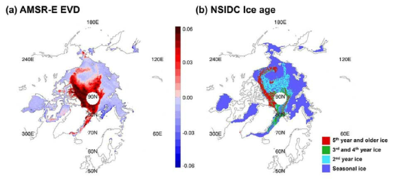 Spatial distributions of (a) EVD and (b) NSIDC ice age over Arctic on 1 Jan. 2011