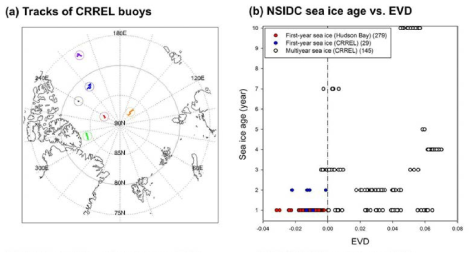 (a) Tracks of used buoys. (b) Scatterplots between EVD and NSIDC ice age with colored dots for first-year sea ice and open dots for multiyear sea ice regulated by buoy over Arctic ice