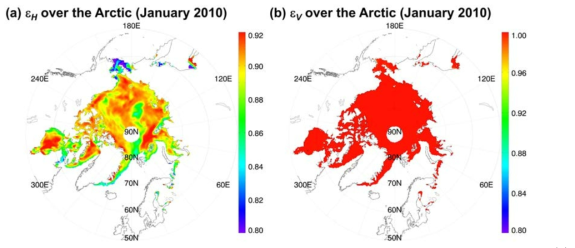 The AMSR-E 6.9 GHz-retrieved polarized emissivities over the Arctic sea ice for (a) horizontal and (b) vertical polarizations