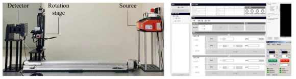 (좌)본 연구를 통해 제작한 스펙트럼 전산화단층촬영 시스템, (우)시스템의 구동부 및 데이터 획득부 펌웨어 구현 모습