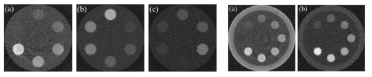 (좌)삼중에너지를 이용한 각 조영제 X-선 스펙트럼 전산화단층촬영 영상((a) iodine, (b) gadolinium, (c) gold), (우)뇌혈관 모사 팬텀에 대한 X-선 스펙트럼 전산화단층촬영 영상((a)기존 영상, (b)X-선 스펙트럼 전산화단층촬영 영상)