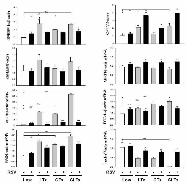 (A) 베타세포주인 INS-1 cell에서 당지질독성조건시 resveratrol (RSV 1μM, SIRT-1 activator) 처리에 따른 당지질대사관련 key enzyme 발현의 변화. 정상포도당 농도에 비해 당지질독성조건에서 SREBP-1c (sterol regulatory element-binding protein-1c), ACC (acetyl-CoA carboxylase), FAS (fatty acid synthase), PGC-1a mRNA expression 이 증가되었고 이러한 증가는 RSV 전처치에 의해 감소함. CPT-1 (carnitine palmitoyl- transferase) 의 경우 RSV 전처치에 의해 오히려 발현이 증가되었음. 인슐린발현은 당지질독성조건에서 감소되었으며 역시 RSV 전처치에 의해 증가됨