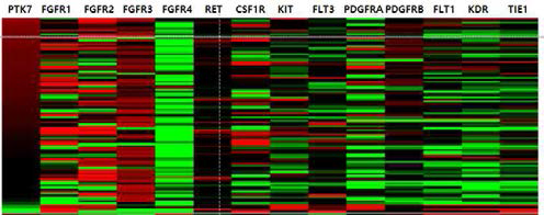 TCGA의 전사체 데이터베이스 분석으로 ESCC에서 PTK7과 RPTK들의 발현 비교 분석 TCGA의 식도암 조직 RNA-Seq 데이터베이스를 UCSC Xena (http://xena.ucsc.edu) 방법으로 PTK7과 RPTK들의 발현 정도를 비교 분석함