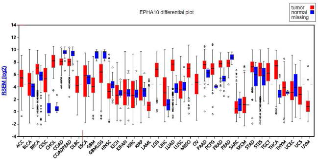 여러 암종에서 EphA10 발현의 분석 TCGA의 RNA-Seq 데이터베이스와 Firebrowser를 사용하여 암종별로 암 조직과 정상 조직에서 EphA10 mRNA의 발현 정도를 분석함