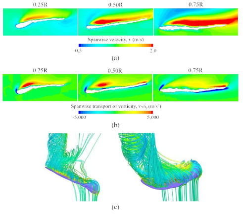 Flow pattern of the sample maple seed, (a) Spanwise velocity, (b) Spanwise transport of vorticity, (c) Three-dimensional flow structure