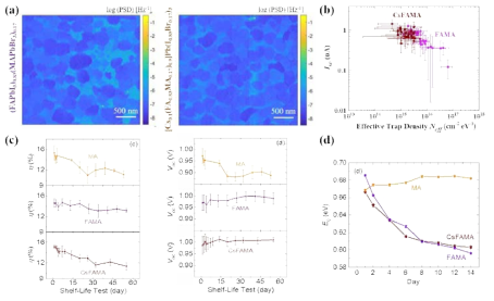 (a) 페로브스카이트 조성에 따른 광전류 노이즈 측정 결과 및 (b) 트랩농도-광전류 분석. (c) 페로브스카이트 조성별 광전변환 파라미터 안정성 비교 및 (d) 트랩 에너지 준위 변화 분석