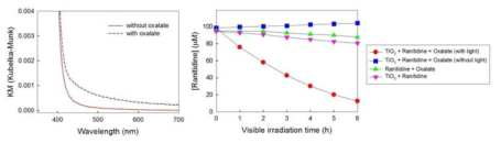 옥살산 결합 이산화티타늄의 가시광 흡수 및 라니티딘 분해 결과