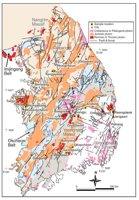우리나라 현생 화강암의 연대별 분포와 시료 채취 위치 (Cheong et al., 2019a)