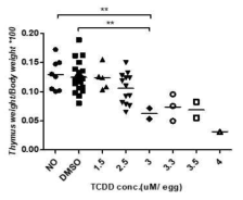 2,3,7,8-TCDD의 투여(Day0)가 닭 배아(Day 20-21) 흉선 무게에 미치는 영향 (**; p<0.01)