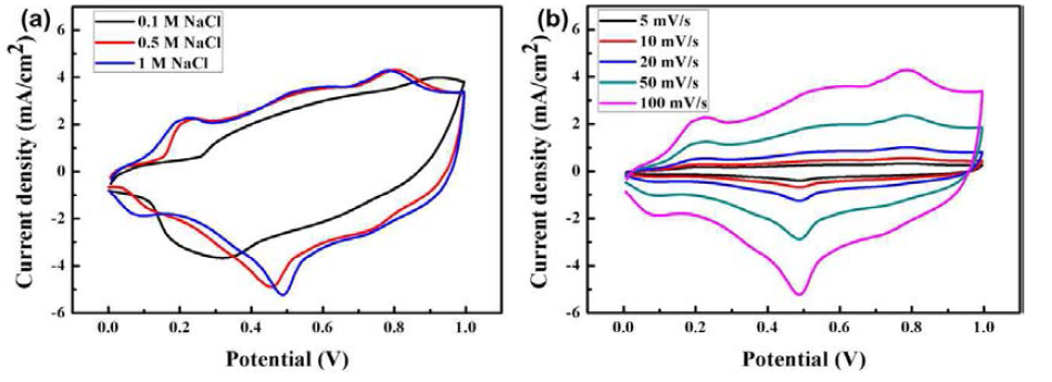 Symmetric desalination battery cell(dendritic Ag||elctrolyte||dendritic Ag)의 cyclic voltammetry 그래프 (a) 0.1, 0.5, 1 M NaCl electrolyte, 100 mV/s 의 scan rate 조건에서의 그래프 (b) 1 M NaCl electrolyte