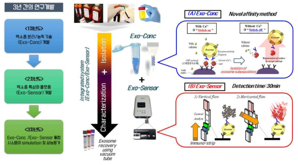 중성 pH 조건에서 스위칭 인식소재를 이용한 면역크로마토그래피 기반 엑소좀 분리기술(‘Exo-Conc') 및 특성화 플랫폼('Exo-Sensor') 개발 연구 개념도