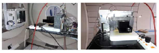 190 MeV의 서울삼성병원 양성자치료기 갠트리 장치 내에 본 연구의 검출장치와 아크릴로 제작된 target을 설치한 모습을 담은 사진